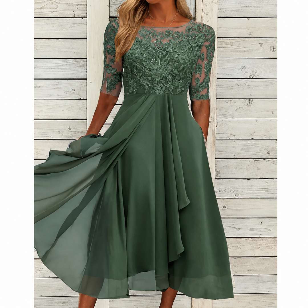 Avery | Lace Bodice Draped Midi Dress