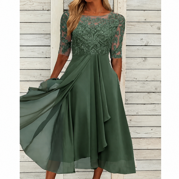 Avery | Lace Bodice Draped Midi Dress