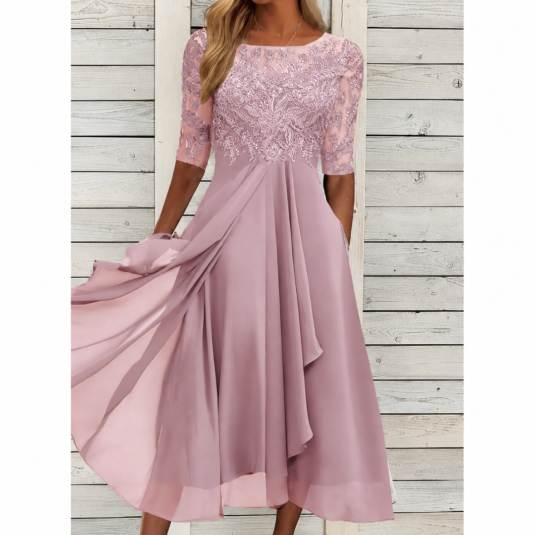 Avery | Lace Bodice Draped Midi Dress
