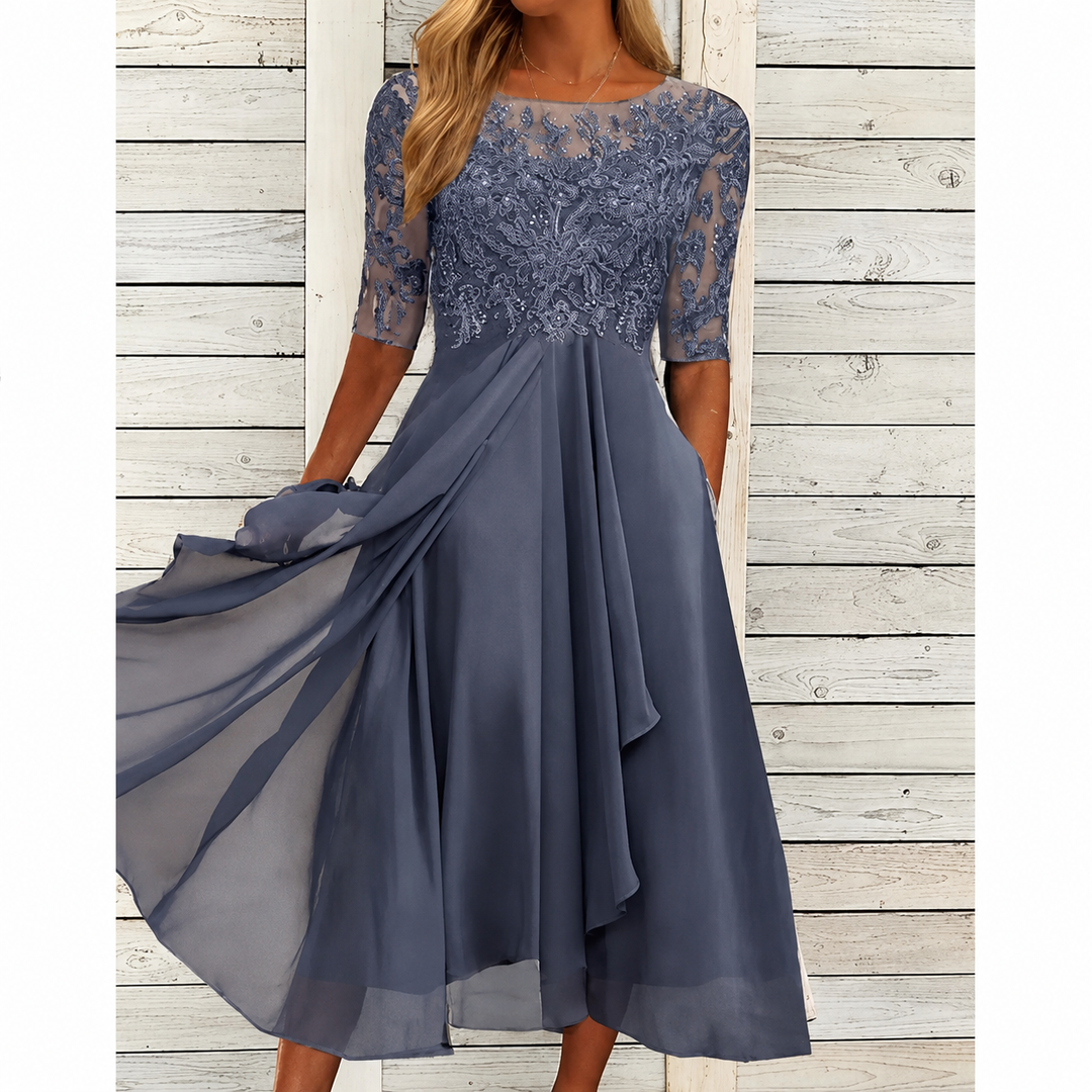 Avery | Lace Bodice Draped Midi Dress