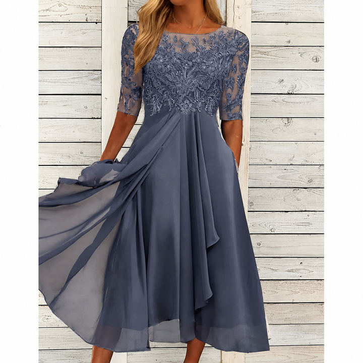 Avery | Lace Bodice Draped Midi Dress