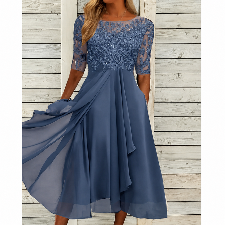 Avery | Lace Bodice Draped Midi Dress