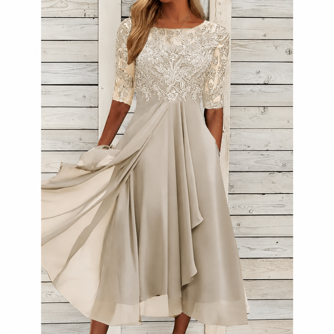 Avery | Lace Bodice Draped Midi Dress