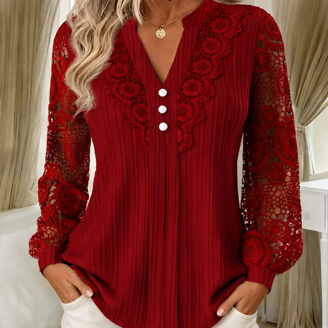 Brielle | V-Neck Pleated Lace-Sleeve Top