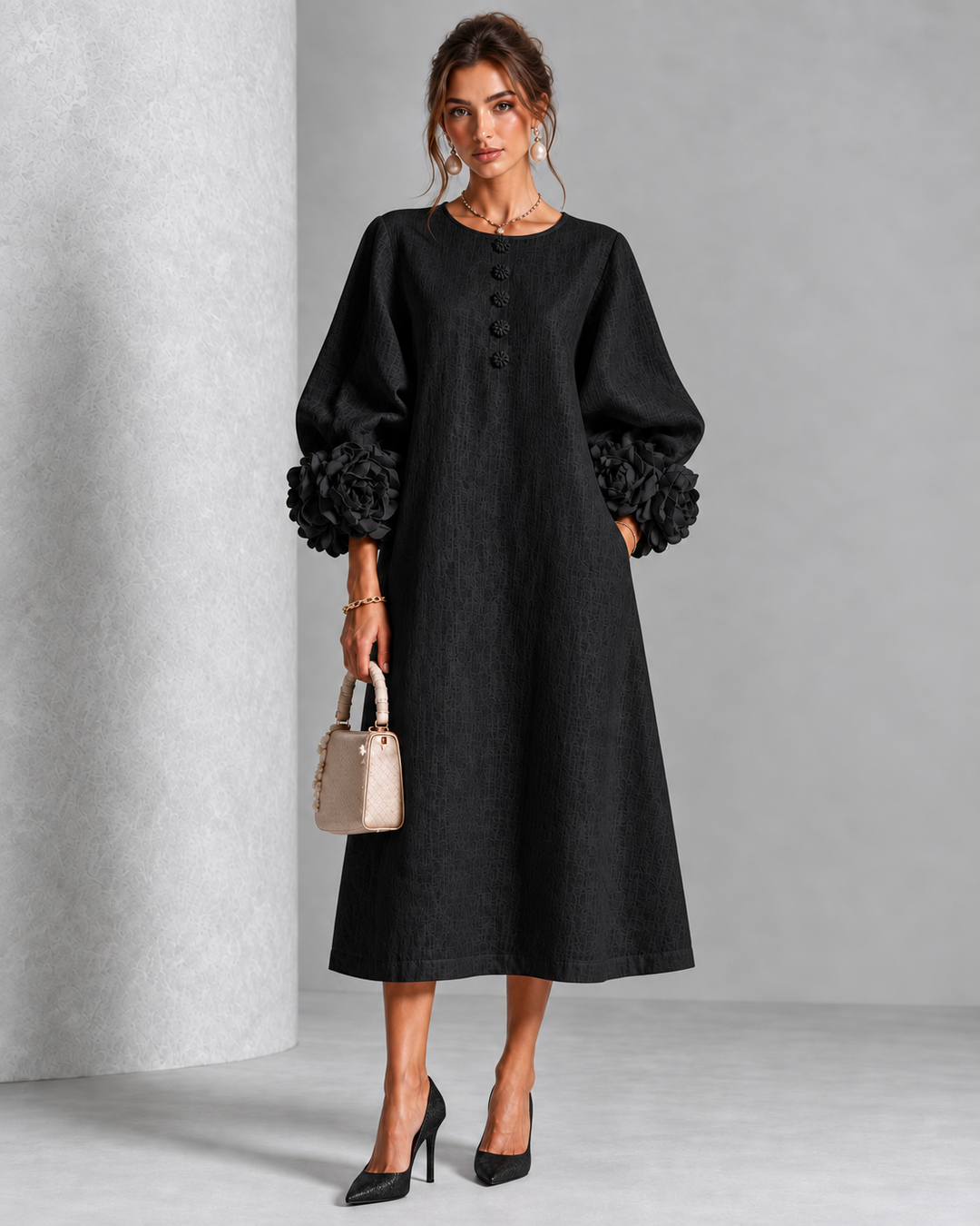 Estelle | Floral-Cuff Midi Dress