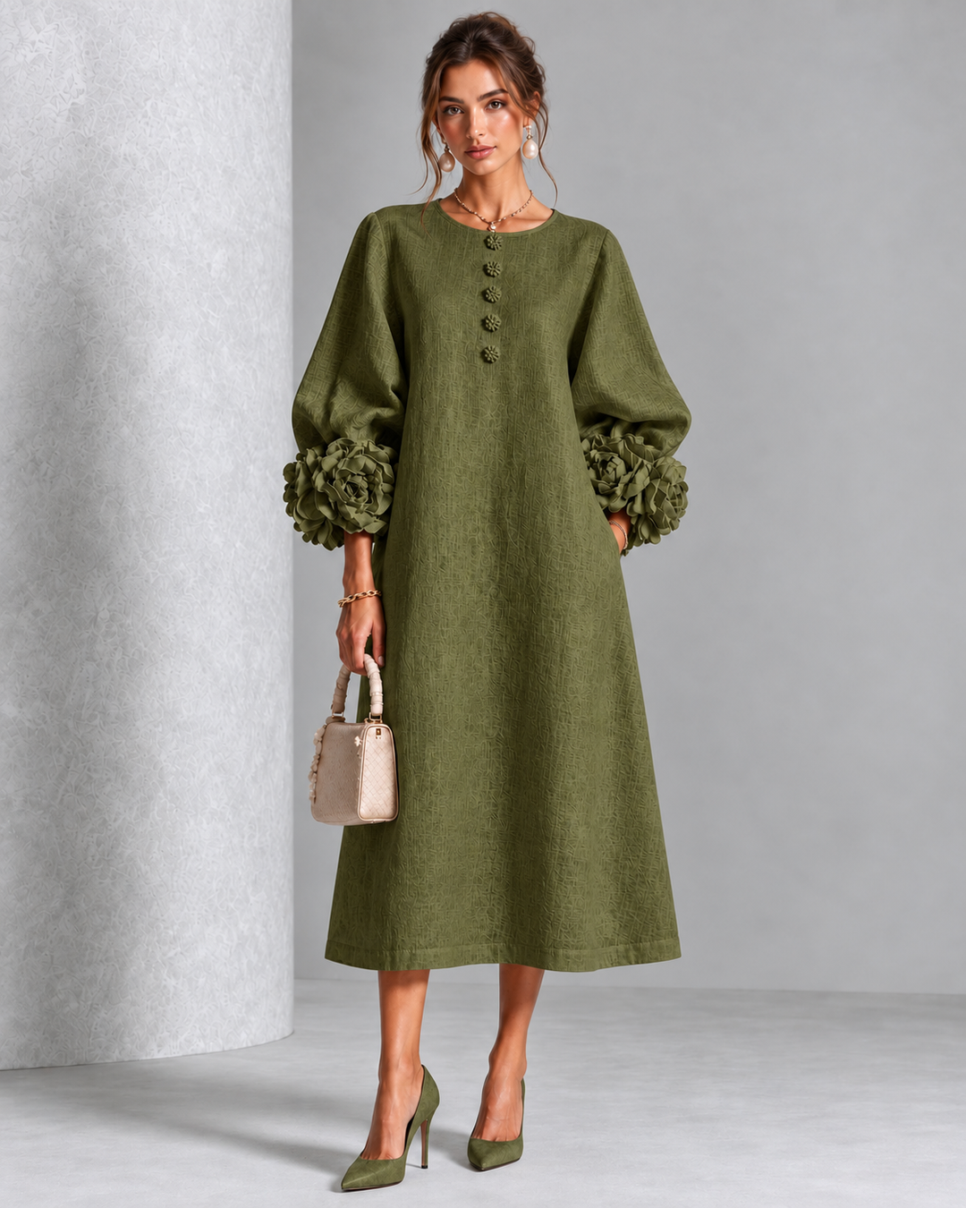 Estelle | Floral-Cuff Midi Dress