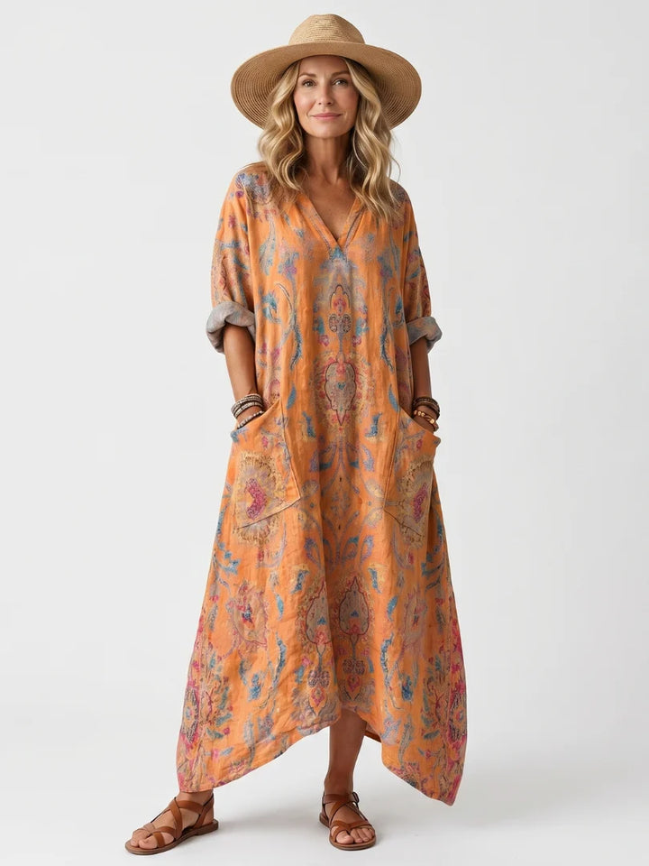 Penelope | Notch Neck Printed Oversized Pocket Midi Dress