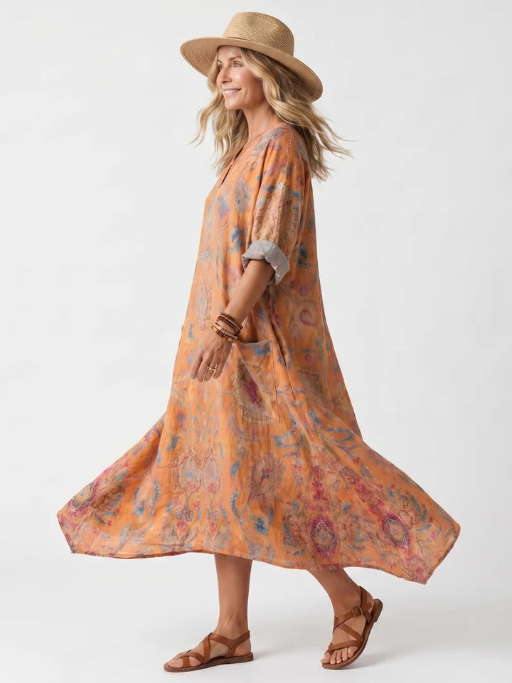 Penelope | Notch Neck Printed Oversized Pocket Midi Dress