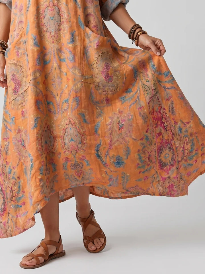 Penelope | Notch Neck Printed Oversized Pocket Midi Dress