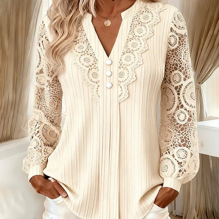 Brielle | V-Neck Pleated Lace-Sleeve Top